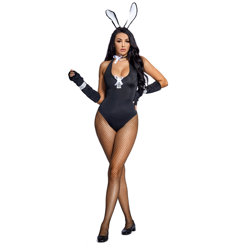 A generation of cosplay clothing cosplay bunny black low-cut deep V net stockings strap jumpsuit