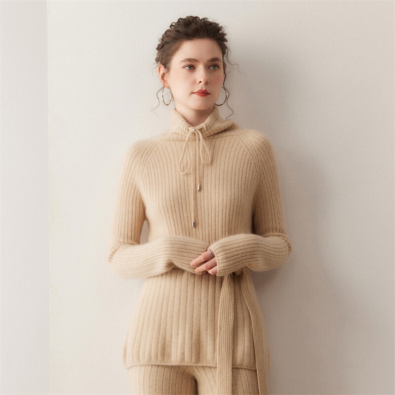 Autumn and Winter Cashmere Suit for Women, Turtleneck Sweater, Knitted Wool Sweater, Wide-Leg Pants, Fashionable Two-Piece Set, Drapey Pants
