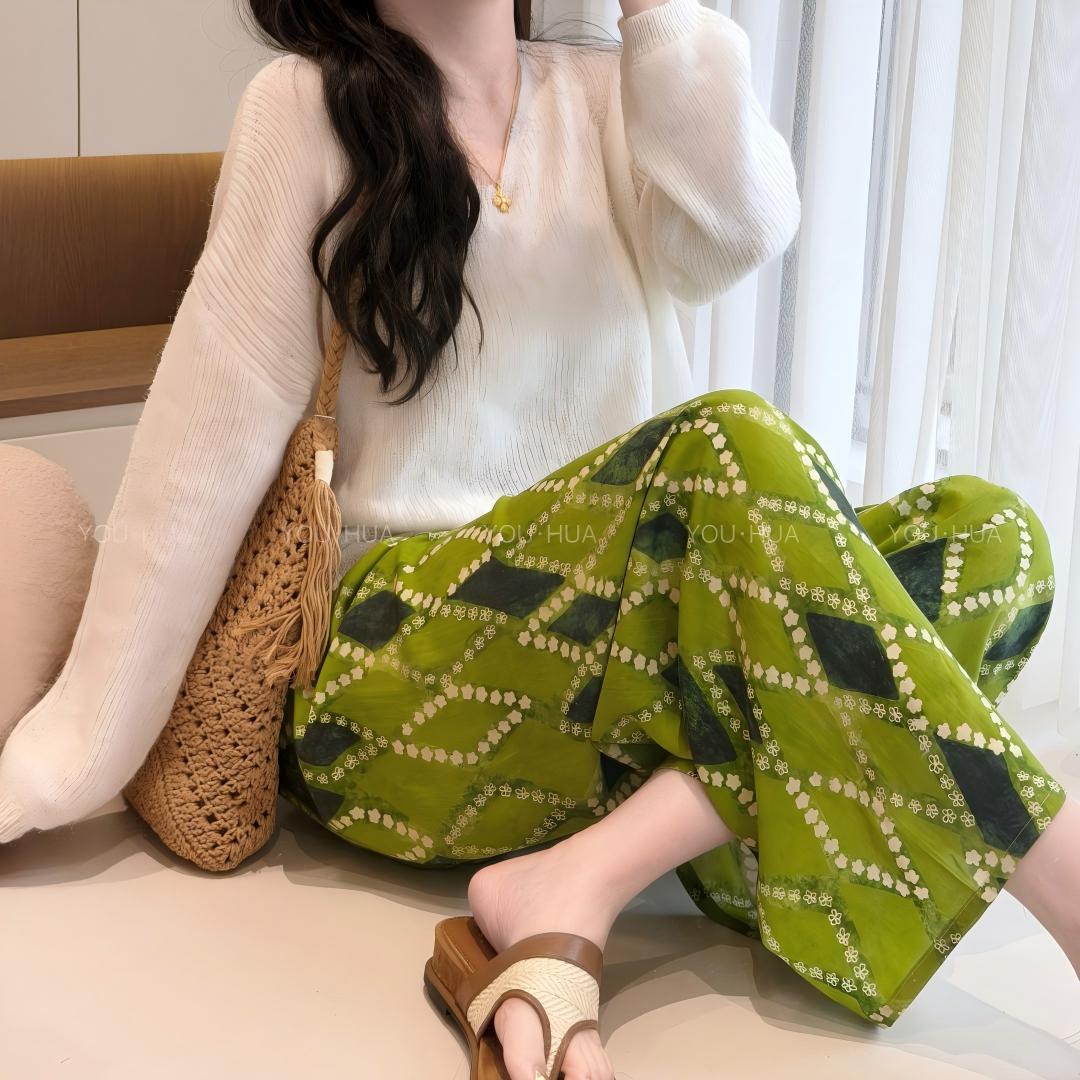 Pantalones de pijama de seda de algodón Pantalones de pierna ancha de seda de algodón fino para mujer