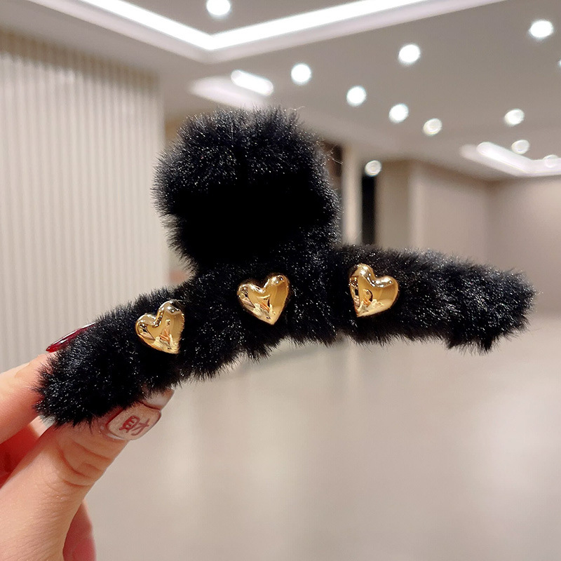 2026秋冬ミンクファー毛皮ヘアクリップ、高級感のある後頭部用大型シャーククリップ、ハート型キラキラ輝くダイヤモンド付き毛皮ヘアクリップ