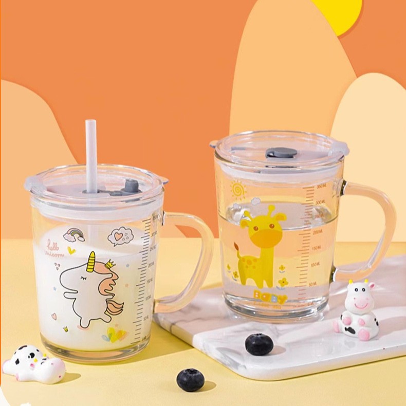 Cartoon Scale Milk Cup, Trendy Glass Water Cup, Children's Straw Cup with Handle, Breakfast Cup with Lid, Single-Layer Cup
