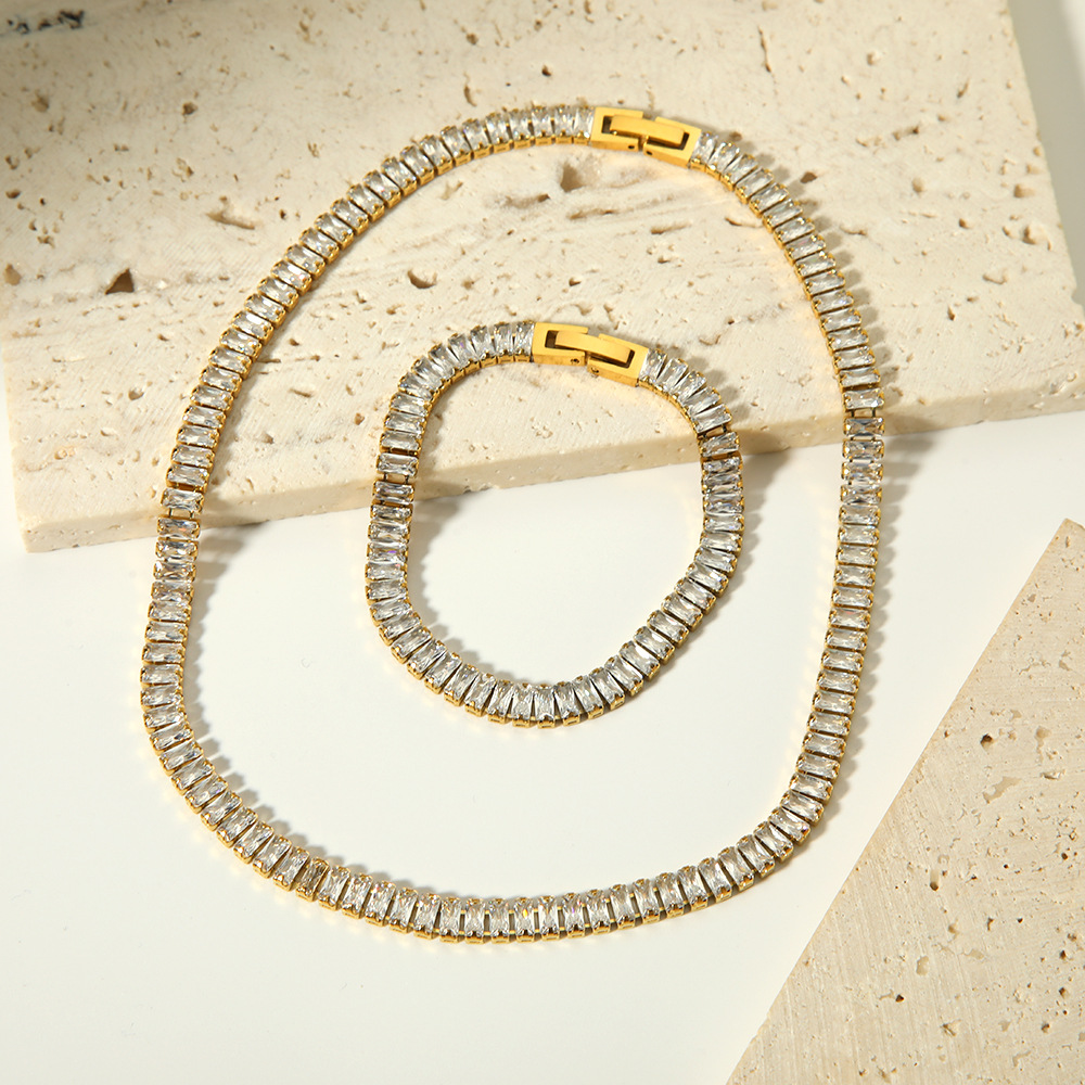 Zircon Inlay Material Bracelets, Necklace Classification 18K Gold Plating Color cable chain Chain Type PVD Coated Real Gold Plated 18K Gold Square 201 Stainless Steel Simple Style Waterproof Non Tarnish Bracelets Necklace