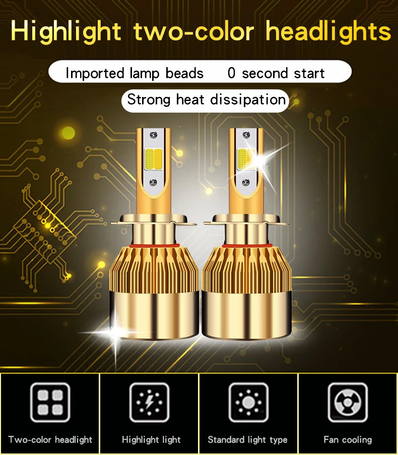 New Car Led Headlights Dual-Color H7 Led Lights Yellow and White Integrated High and Low Beam H4 H11 Fog Light Bulbs