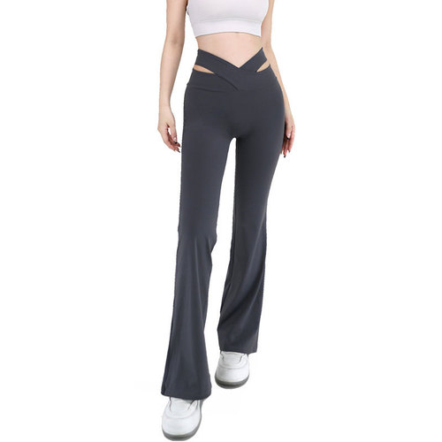 Nude hollow cross-over micro-flare yoga pants for women, high-waisted, slimming butt-lifting, slim-fitting sports casual wide-leg fitness pants