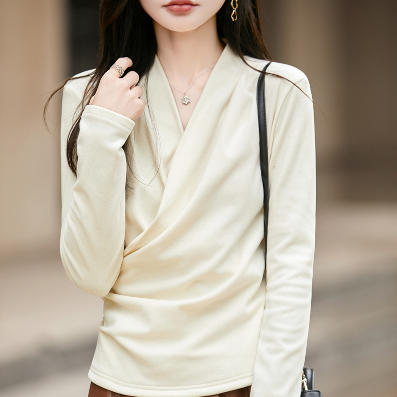 时髦显瘦打底衫女2025秋冬新款交叉V领气质休闲T恤衫百搭打底上衣|undefined