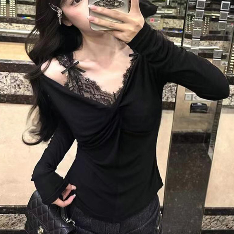 十三行小香风扭结V领纯欲风蕾丝花边T恤女高级感紧身显瘦上衣|undefined