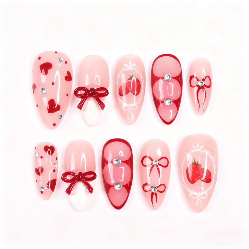 30 Pieces of Handmade Wearable Nails Cross-Border Valentine's Day Sweet Strawberry Almond Bow Heart Manicure Wearable Nails 30 Pieces of Handmade Wearable Nails Cross-Border Valentine's Day Sweet Strawberry Almond Bow Heart Manicure Wearable Nails
