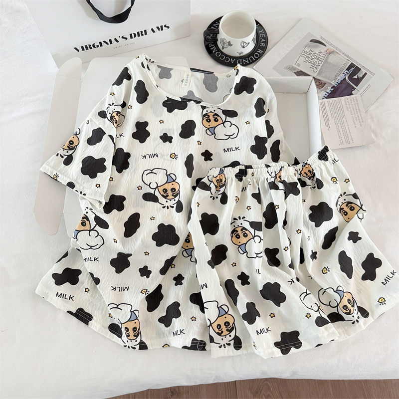 Transfronterizo al por mayor pijamas de algodón nubes de dibujos animados ropa de casa de mujer chaqueta manga corta pantalones cortos set set de cuello redondo set de dos piezas
