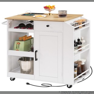 Kitchen Island Countertop with Power Outlets, Kitchen Storage with Drawers, Spice Rack, Towel Rack, Wine Rack