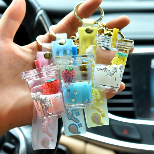 Creative fruit strawberry pineapple milk tea cup key chain floating quicksand into oil pendant car key chain bag pendant