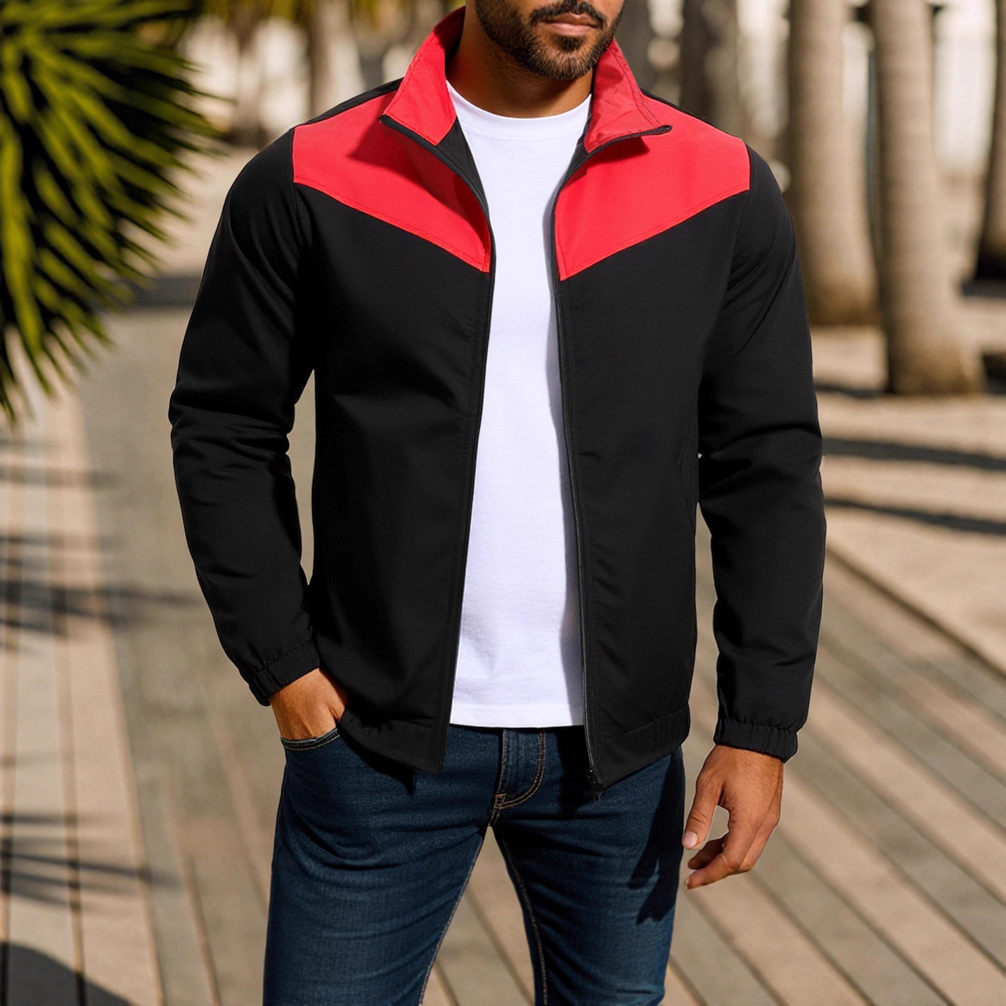 New Autumn Men's Windproof With High Collar, Color-blocking, Zippered Raglan Sleeves, And Zip-up Cardigan Jacket_voghion.com