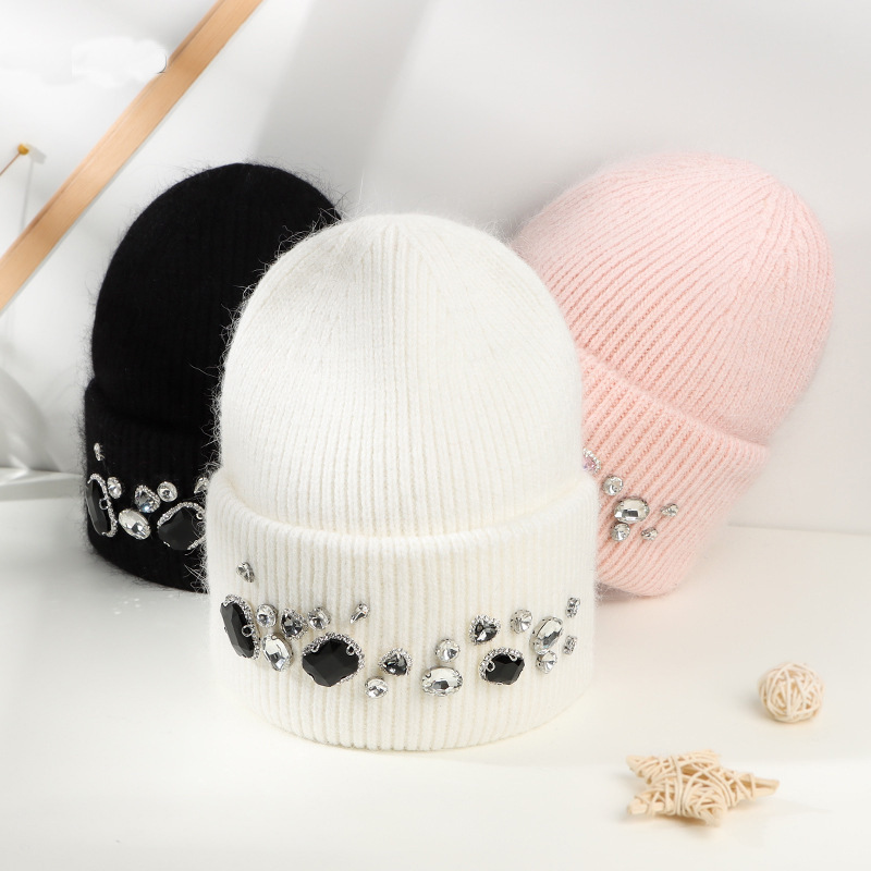 Outdoor Occasion Acrylic Material Women's Fashion Solid Color Rhinestone Eaveless Wool Cap