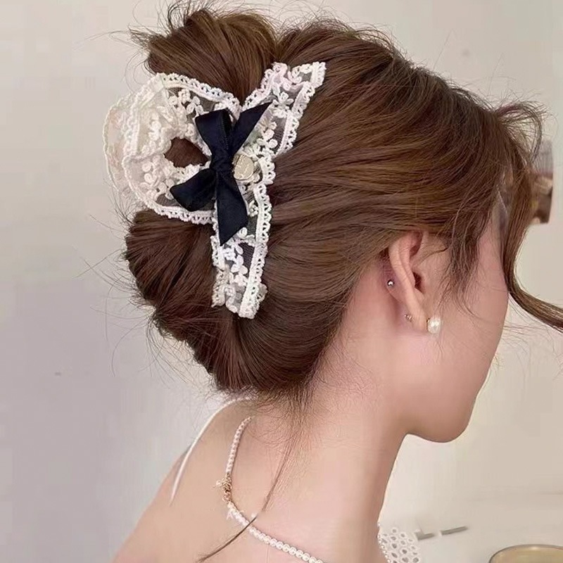Satín de alta sensación, arco negro grande, clip de tiburón, toque de cabeza, clip de nube, clip de agarre, clip de cabello, tarjeta de cabello de mujer