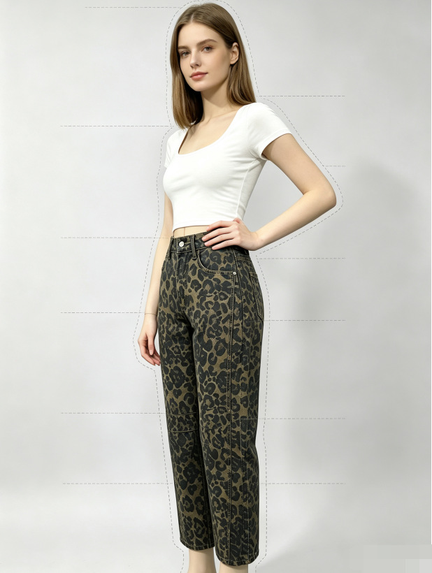Jeans Barrel con Estampado de Leopardo para Mujer, Mezclilla 100% Algodón, Sin Elasticidad, Cintura Alta