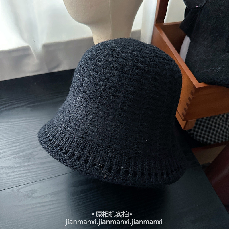 镂空钩花针织帽子女秋冬新款百搭简约水桶帽子休闲优雅遮阳盆帽潮|undefined