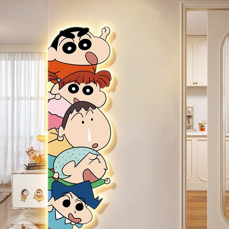 蜡笔小新入户玄关装饰画卡通儿童房灯壁画多巴胺创意走廊过道挂画