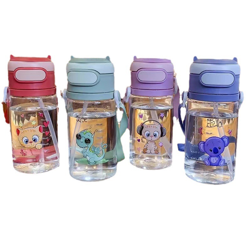 Botella de agua escolar con pajilla y correa, plástico resistente a caídas