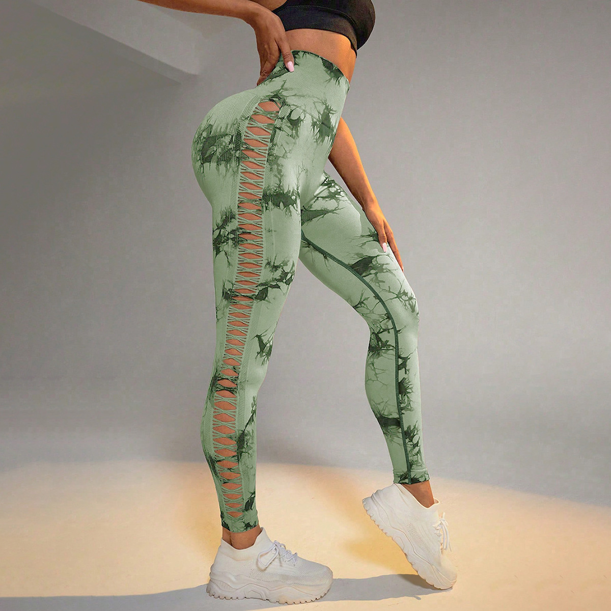 Cross-border lateral agujero atado teñido pantalon sin costuras de cintura alta pantalones ajustados pantalones deportivos leggings