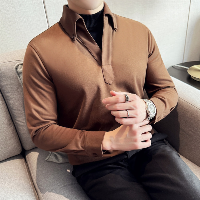 New Men's Slim-fit Long-sleeved Shirt Autumn and Winter Thick V-neck Woolen Shirt Half-high Collar Business Casual Fake Two-piece