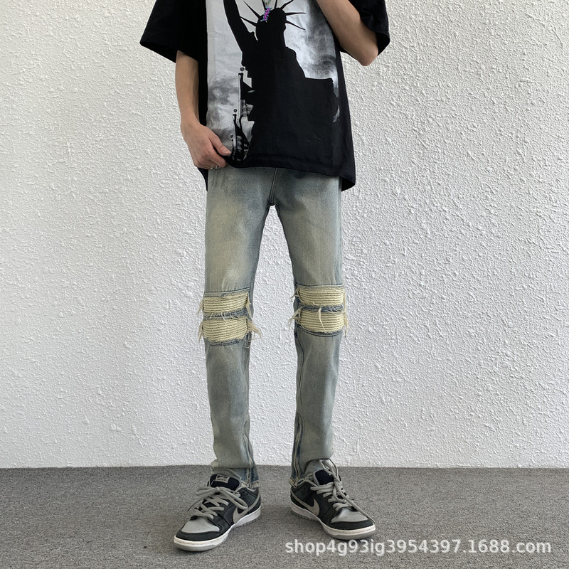European and American Trendy High Street Light Blue Ripped Jeans for Men, Retro Loose Straight-Leg Zipper Hem Versatile Long Pants