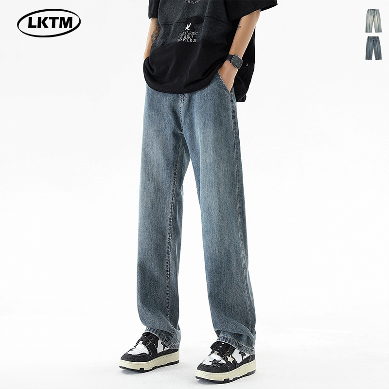 LKTM Men's# Super Soft Ice Silk Jeans Men's Summer Thin Trendy Brand Loose Wide Leg Dosing All-match Straight Pants