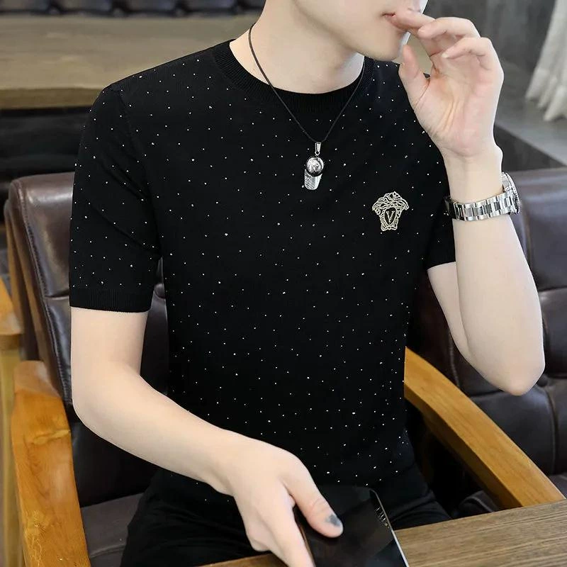 Летняя вышитая Мужская футболка с короткими рукавами, Мужская модная брендовая футболка, дышащая Спортивная модная Мода с пайетками, Шаньшань в Корейском стиле, Гонконгский стиль