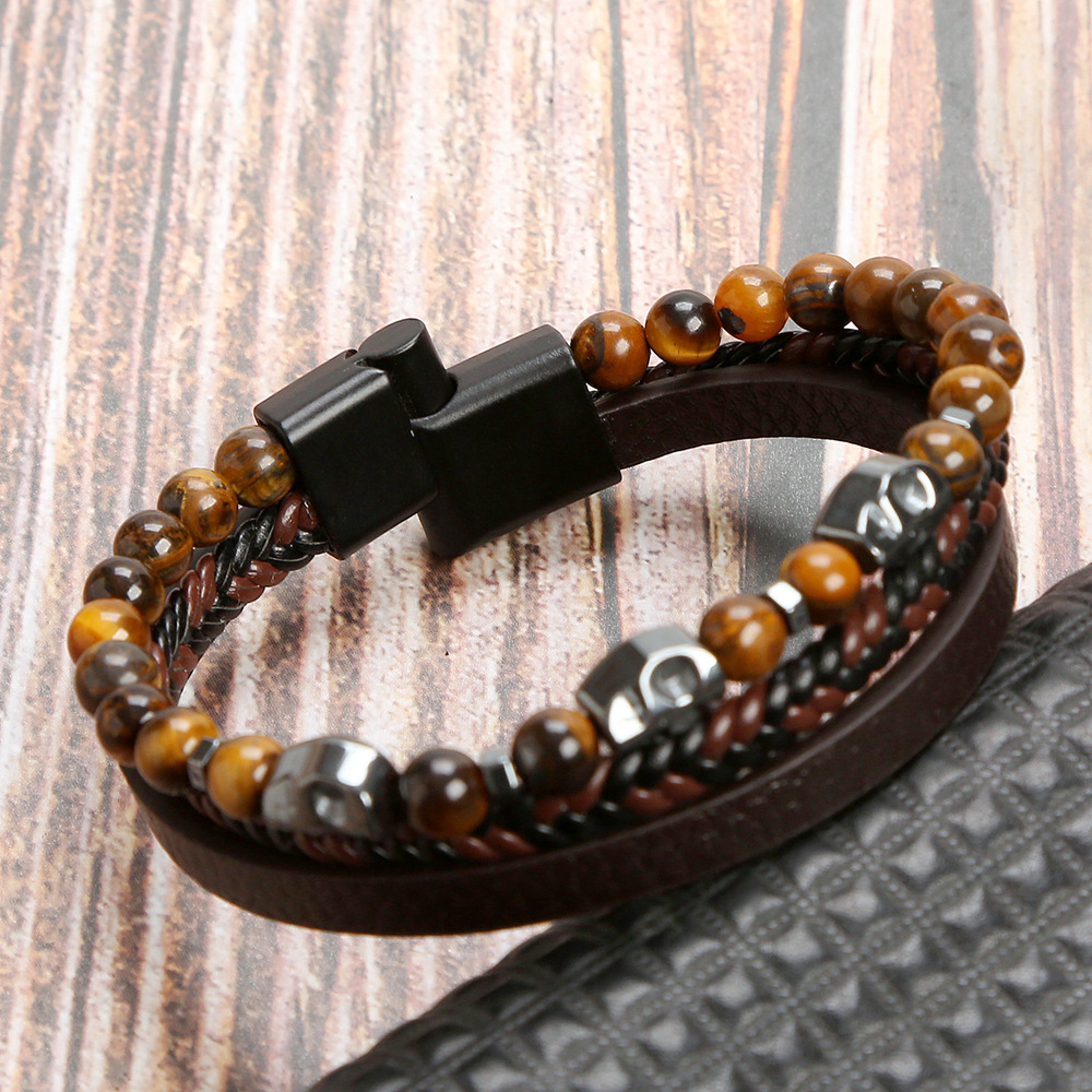 2 Stück natürliches Edelstahl-Tigerauge-Stein-Herren-Skelett-Armband_voghion.com