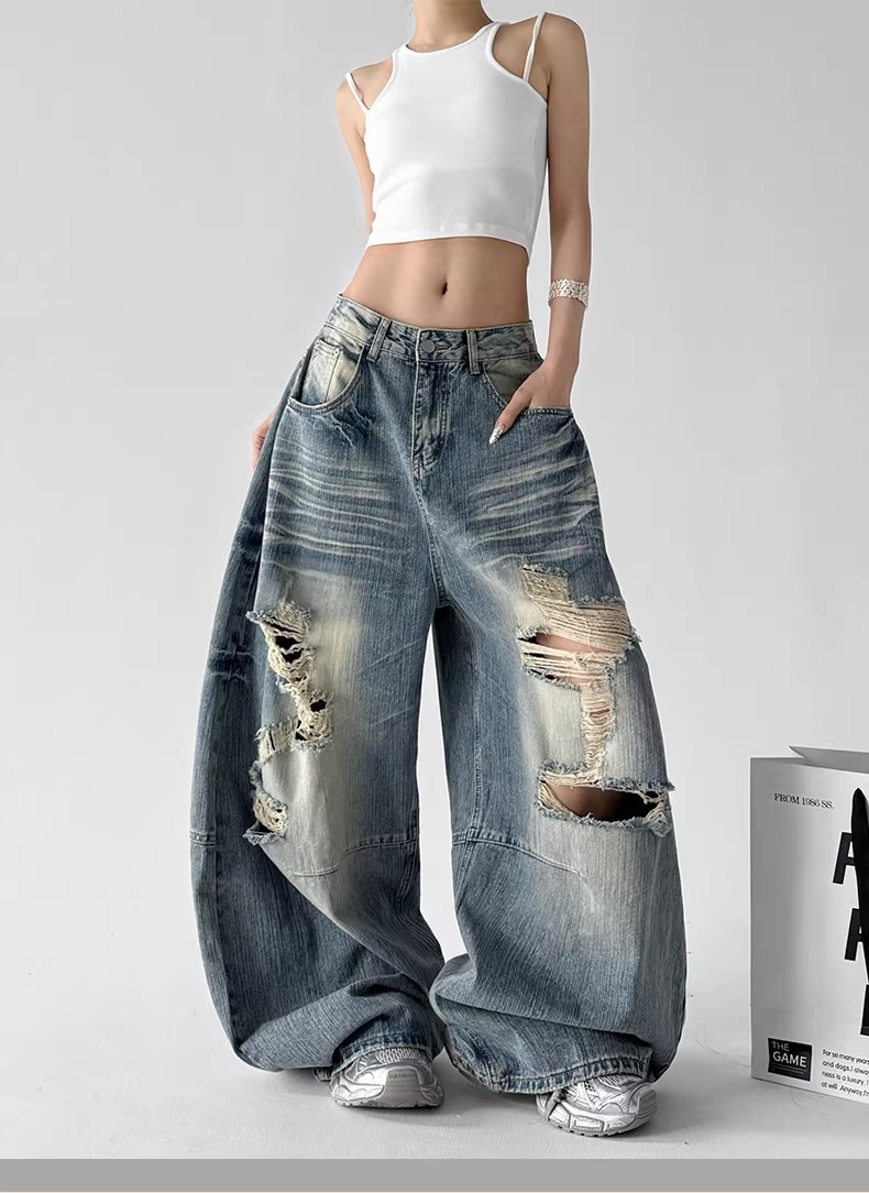 Women's Dark Blue Ripped Wide Leg Jeans Slimming Street Style Floor Length Pants Summer New Design_mkmklike.com