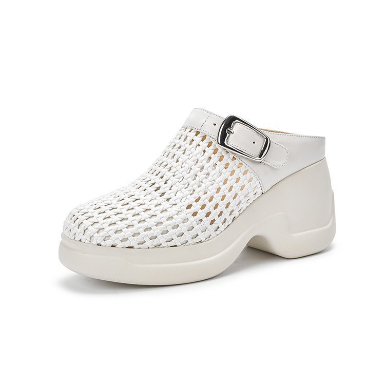 Woven mule made of sheepskin leather platform wedge heel