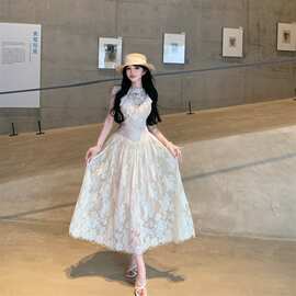 法式千金无袖蕾丝连衣裙女夏优雅气质轻熟收腰礼服裙独特漂亮长裙