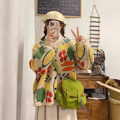 秋の装いの新型の甘い野菜の花のドーパミンのカジュアルなゆったりしている怠惰な風のセーターのコートの百合のニットのカーディガンの女性