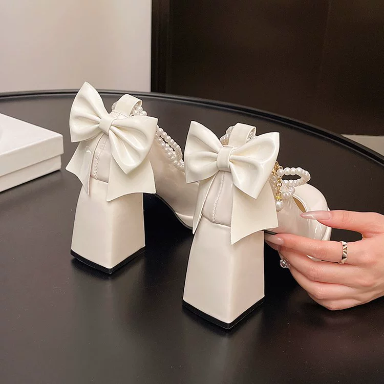 Черная лакированная кожа французское ретро Мэри Джейн на высоких каблуках женский жемчужный бант темперамент грубая фея ветер небольшой аромат ветер