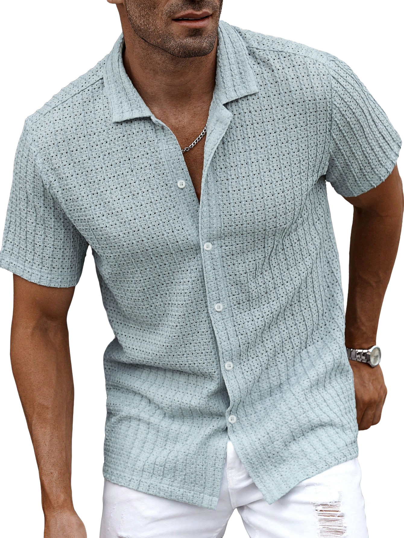 Nuevo transfronterizo Europa y América de verano hombre nuevo botón de la solapa camiseta fresca agujero de diseño de camiseta casual