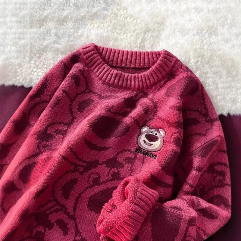Strawberry Bear Round Neck Sweater for Women, Autumn and Winter Thickened Loose Fit, Slimming Japanese Style, Niche Gentle Lazy Style Knit Top