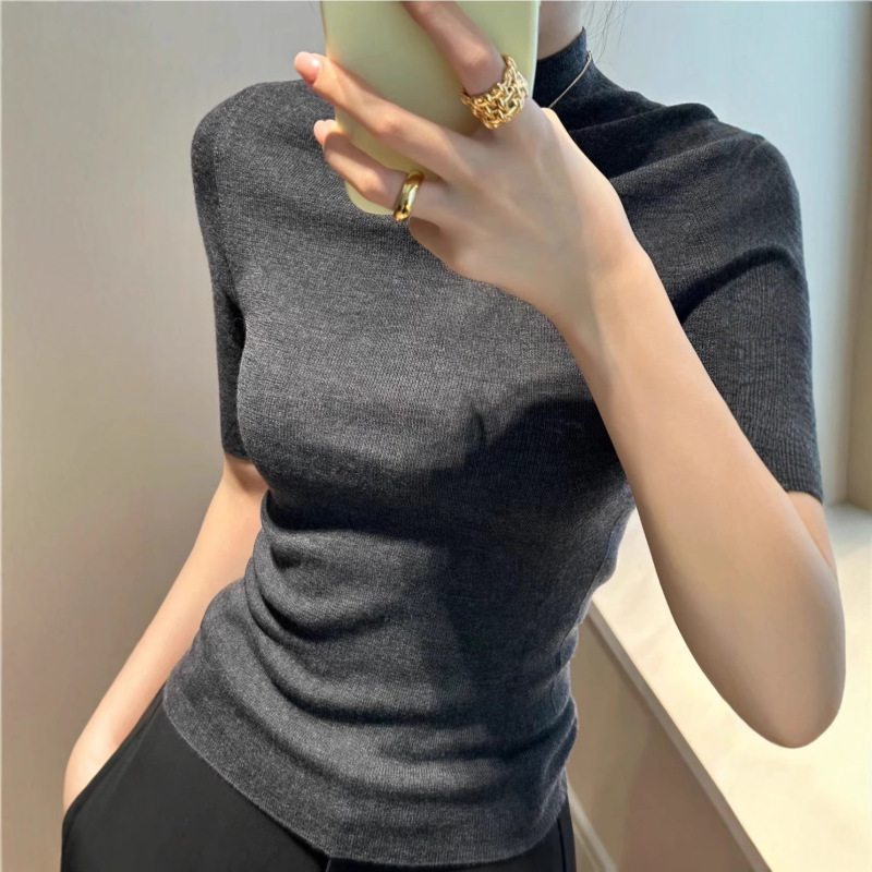 洋气修身五分袖打底衫女2025秋季新款半高领羊毛中袖针织衫女上衣|undefined