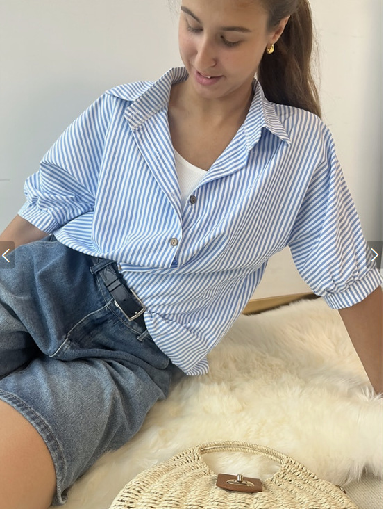 Women's Clothing Classic Stripe Button-Down Shirt For Women, Mid-Sleeve Casual Top For Spring And Summer_ecoleips.com