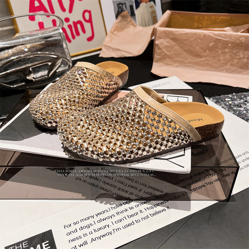 2025 verano diamantes de imitación diamantes red de pesca Baotou cabeza grande Baotou medias pantuflas sandalias zapatos de Tobken zapatos planos de mujer