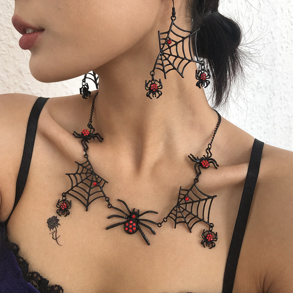 Exaggerated Earrings Necklace Set Halloween Spider Web Diamond Earring Necklace display picture 15