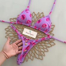 欧美多色印花绑带分体泳衣巴西性感丁字裤比基尼bikini豹纹紧身