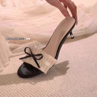 女性が夏に履ける革張りのリボン付きスモールフレグランスハイヒールサンダル、足が疲れにくいタッセルサンダル、細いヒールのスリッパ|undefined