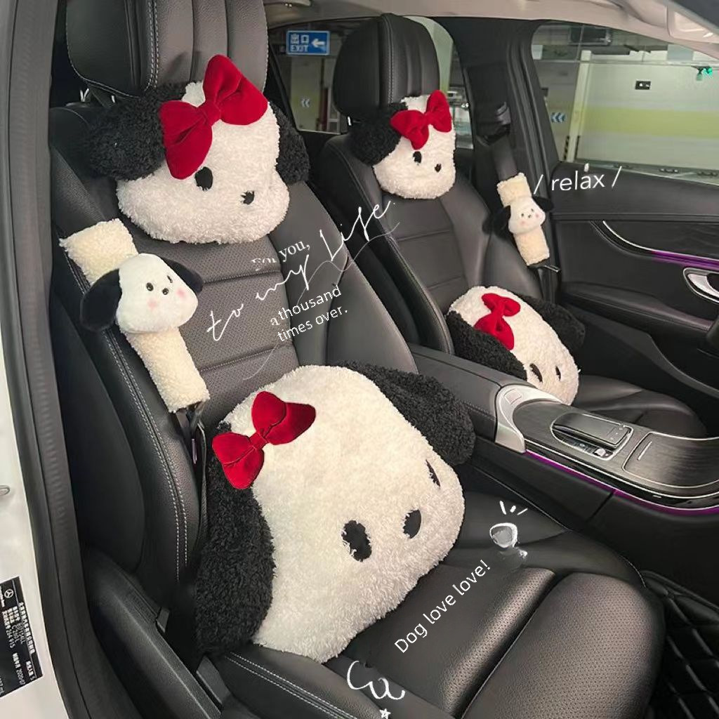 Tetieră auto drăguță cu câine alb-negru, desene animate creative de pluș, confortabilă pentru talie, tetieră auto creativă, pernă pentru gât_voghion.com