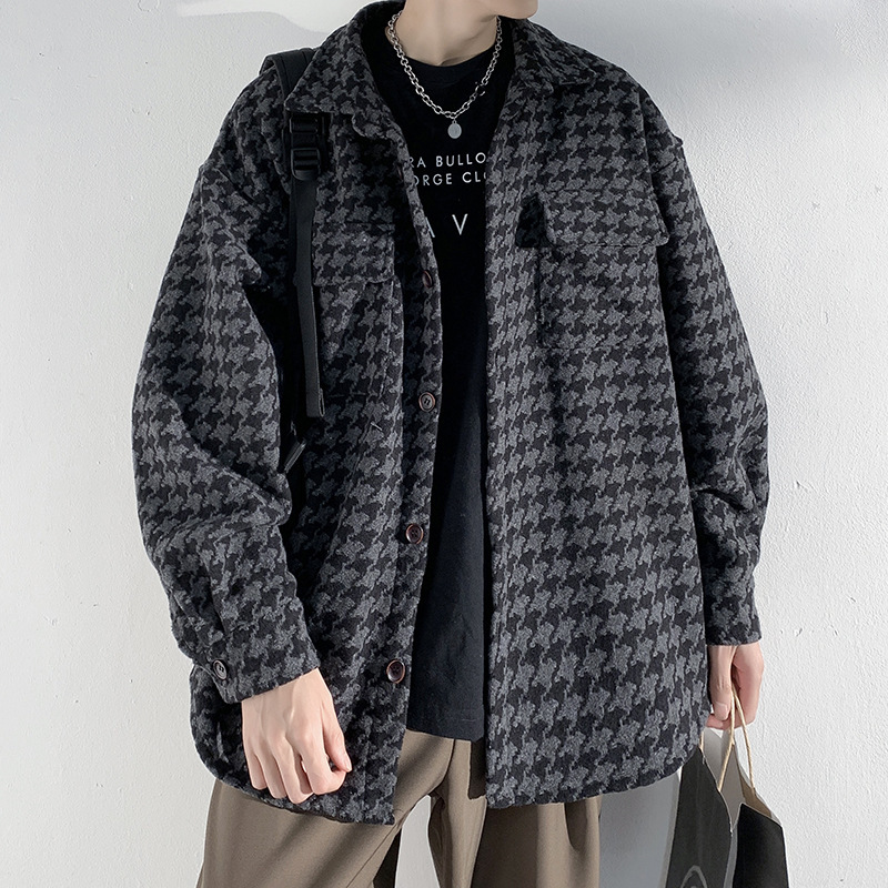 Houndstooth woolen coat for men Spring and Autumn Winter lapel American loose fashion brand men's cotton-padded jacket Chanel style jacket Houndstooth woolen coat for men Spring and Autumn Winter lapel American loose fashion brand men's cotton-padded jacket Chanel style jacket