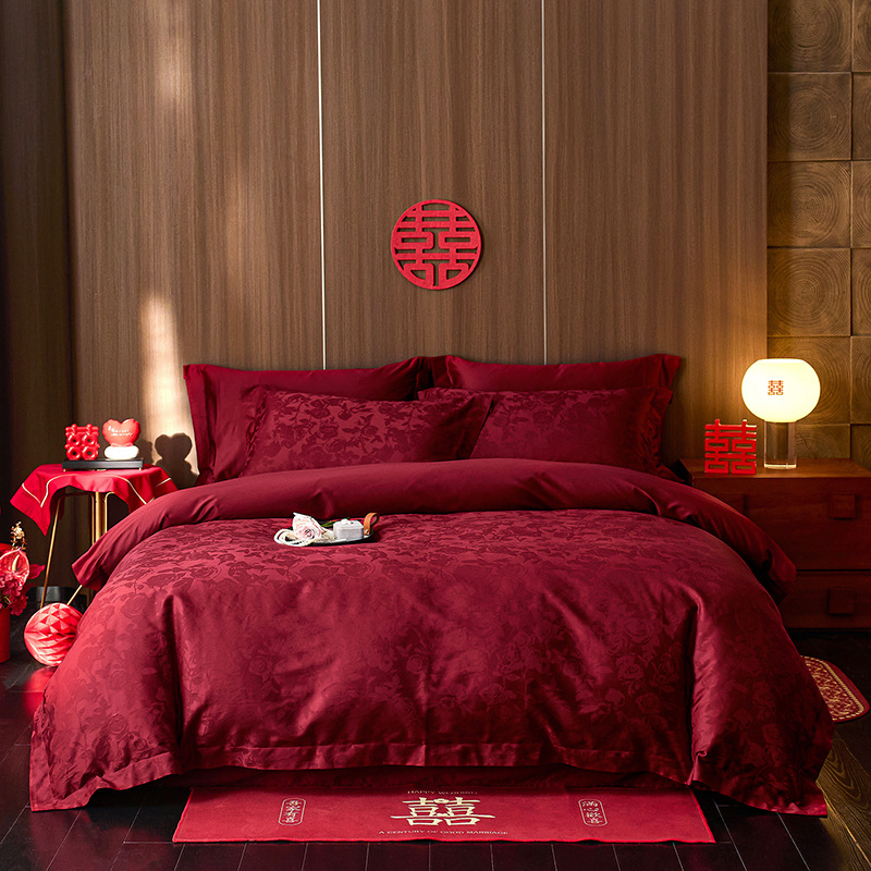 Class a 100-Count Accessible Luxury Retro Long-Staple Cotton Wedding Four-Piece Set Wedding Red High-End Pure Cotton Wedding Room Bedding