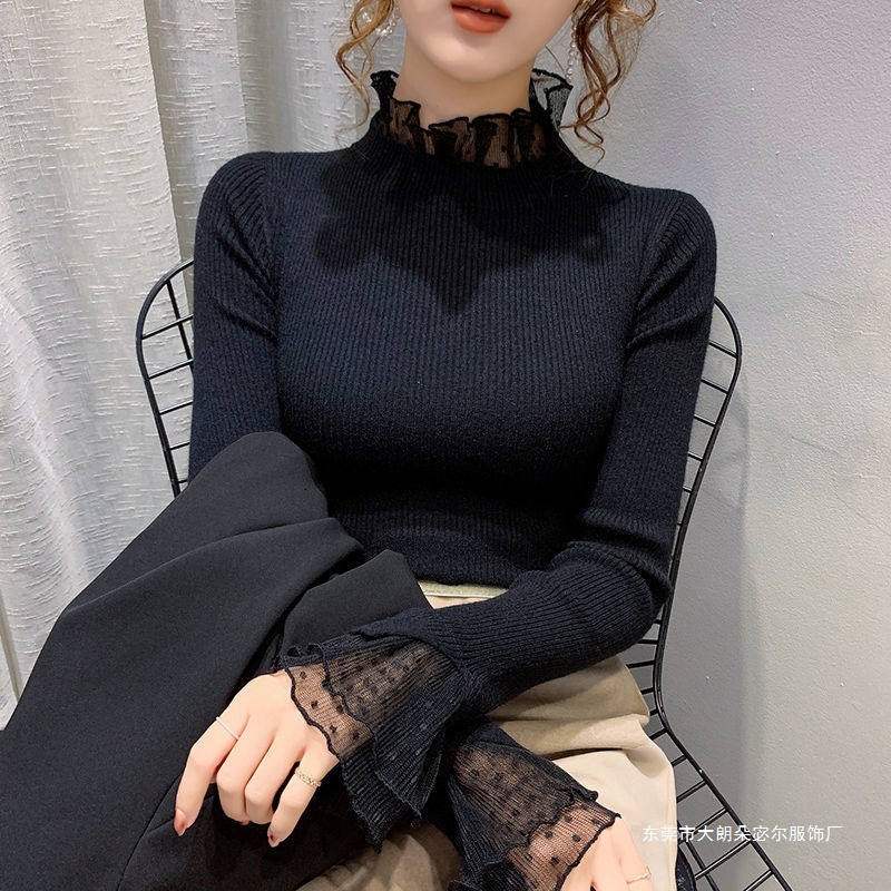 Autumn and Winter Style Lace Long-Sleeved Sweater Half Turtleneck Sweater Slim Bottoming Shirt Top for Women