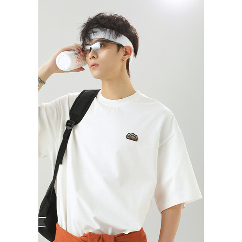 Japanese-style loose pure cotton short-sleeve T-shirt for men, summer quality mountain pattern embroidered crew neck shirt, versatile couple half-sleeve