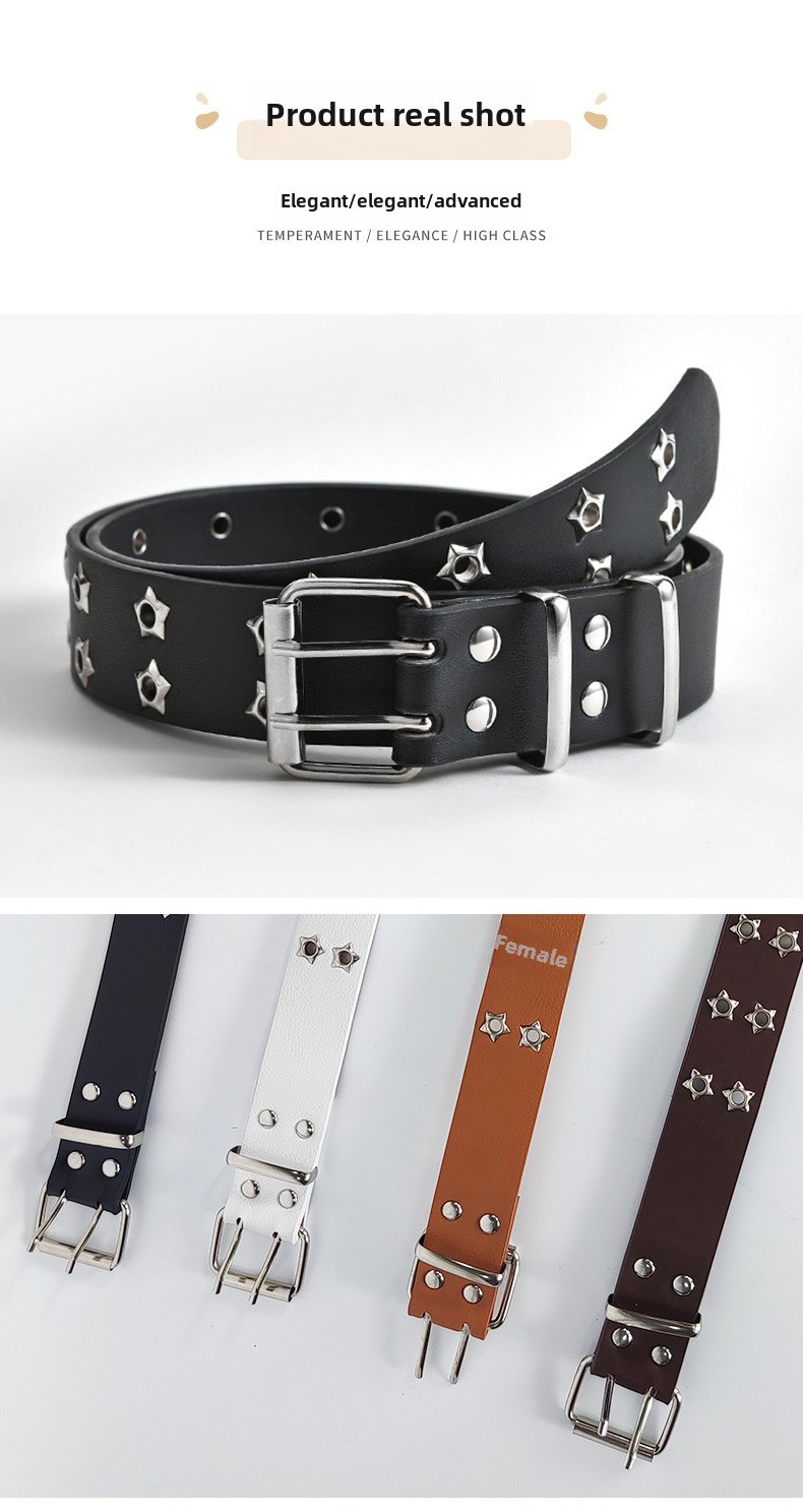Hollow Punk Style Star Air Eye Double Row Belt Korean Jeans with Corns Women's Fashion Hip Hop Decorative Belt_viptrois.com