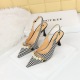 3716-3 High heeled women's shoes with checkered fabric surface, shallow cut, pointed, hollowed out back strap, pearl metal chain, single shoe