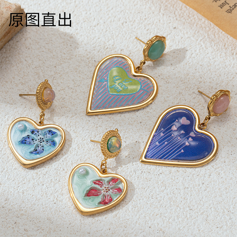 TENA estilo francés estilo medieval esmalte pintado estilo amor pendientes de mujer retro goteo de aceite ligero lujo alta sensación de pendientes