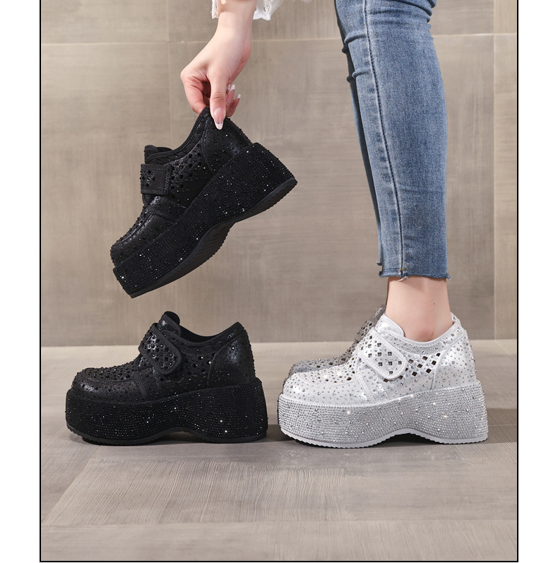 Giày sneaker nữ đế dày tăng chiều cao, phối đá rhinestone, quai magic stick, mùa hè 2026 — màu đen, bạc chi tiết 17