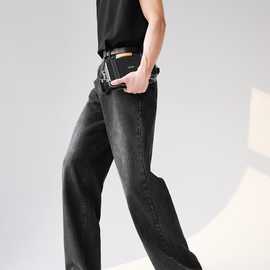 韩国INS高级感牛仔裤男宽松直筒复古做旧灰色长裤垂感阔腿拖地裤